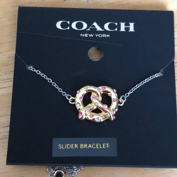 Coach Silver Tone Slider Bracelet Gold Tone Pretzel Charm Crystal Accent NWT - Picture 2 of 14